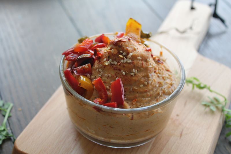 Veggie hummus wrap with roasted peppers