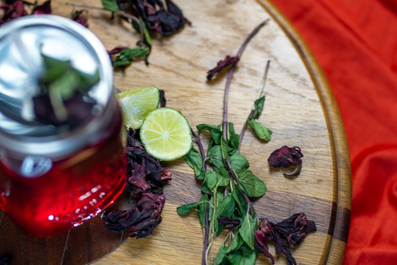 Iced hibiscus herbal tea in a tall glass